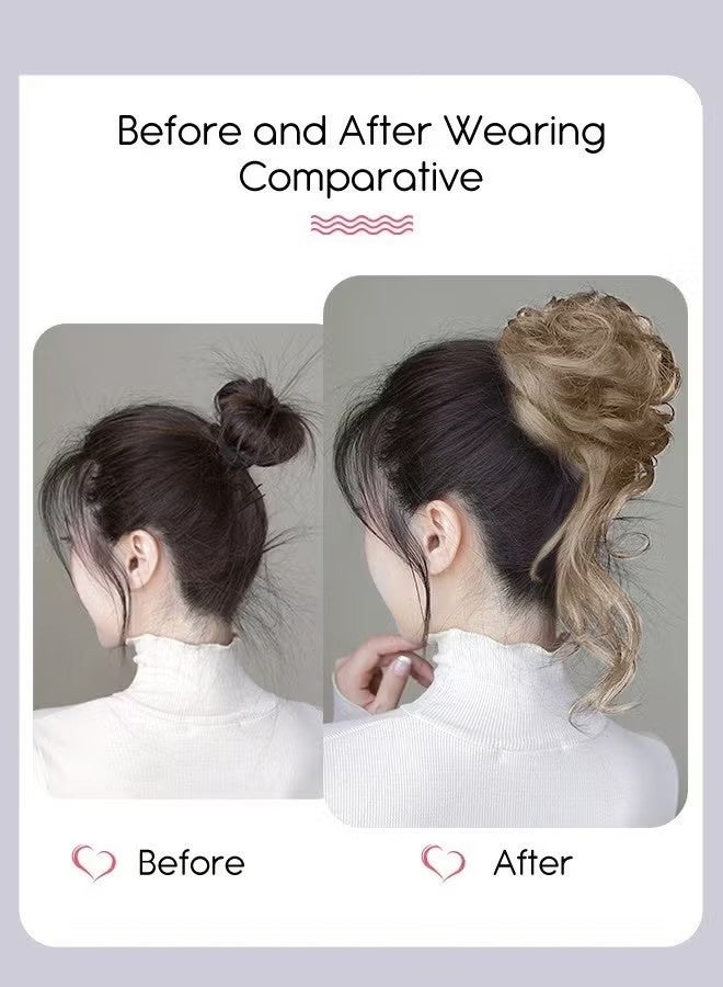 وصلات شعر على شكل كعكة مجعدة فوضوية، كعكة شعر صناعية مموجة بمشبك مطاطي عالي، إكسسوارات شعر على شكل كعكة دائرية للنساء، ربطات شعر مرفوعة، لون كاكي فاتح - Image 2